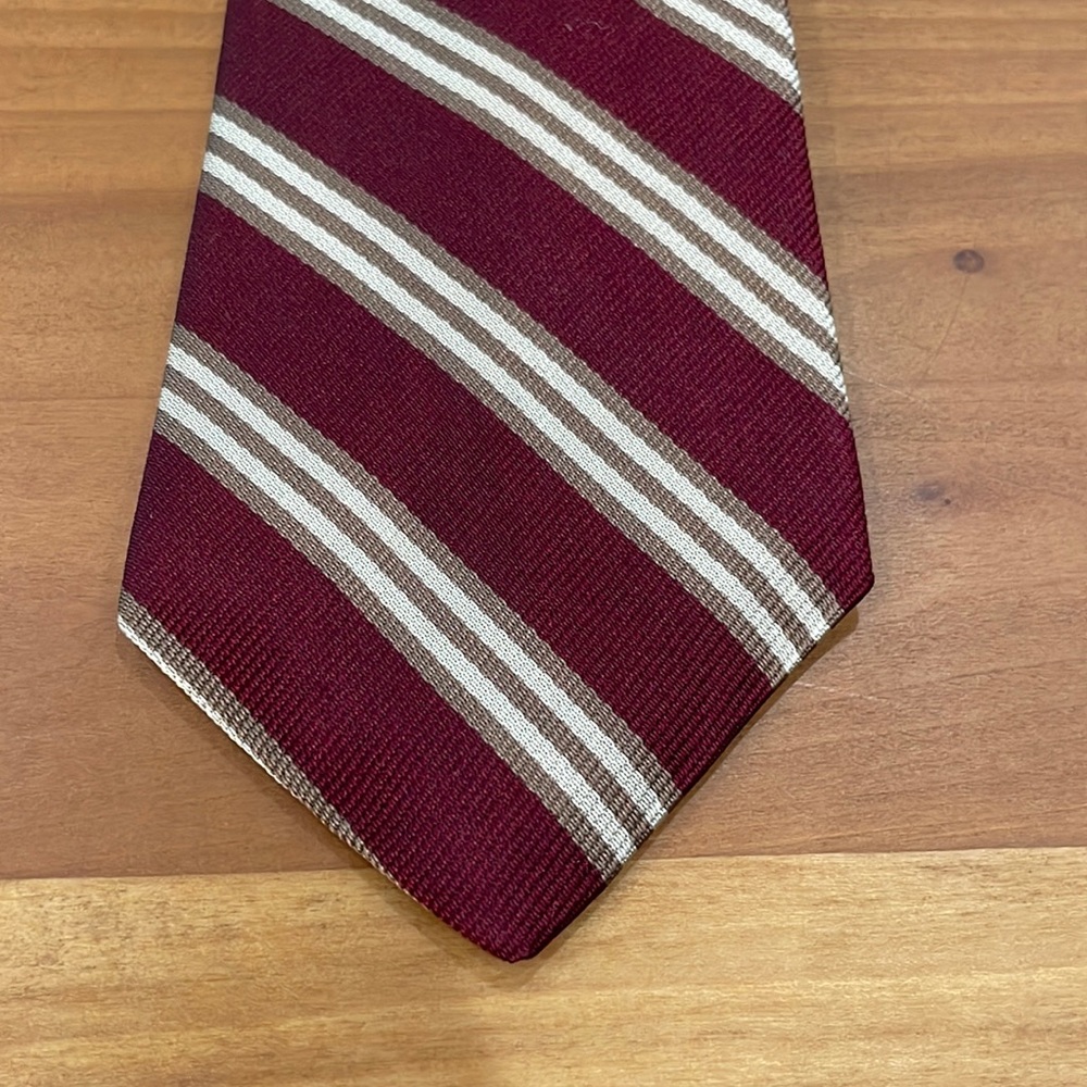 100% silk Planteen Krogh tie dark red with cream and brown stripes
